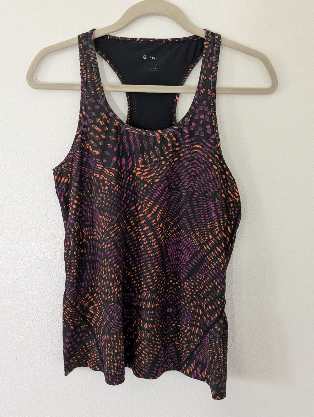 Fabletics Black Active Tank Top with Purple & Orange Print